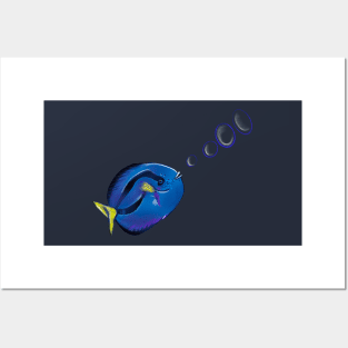 Best fishing gifts for fish lovers 2022. Fishy, fish, fish, cute blue tang tropical fish blowing bubbles Posters and Art